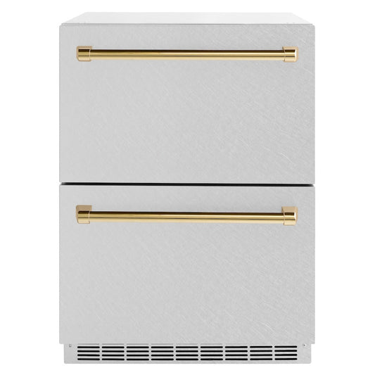 ZLINE Autograph Edition 24 in. Touchstone 168 Can Outdoor-Rated Dual Refrigerator Drawer with Satin Stainless Steel Doors and Polished Gold Handles (RDSOZ-SN-24-G)