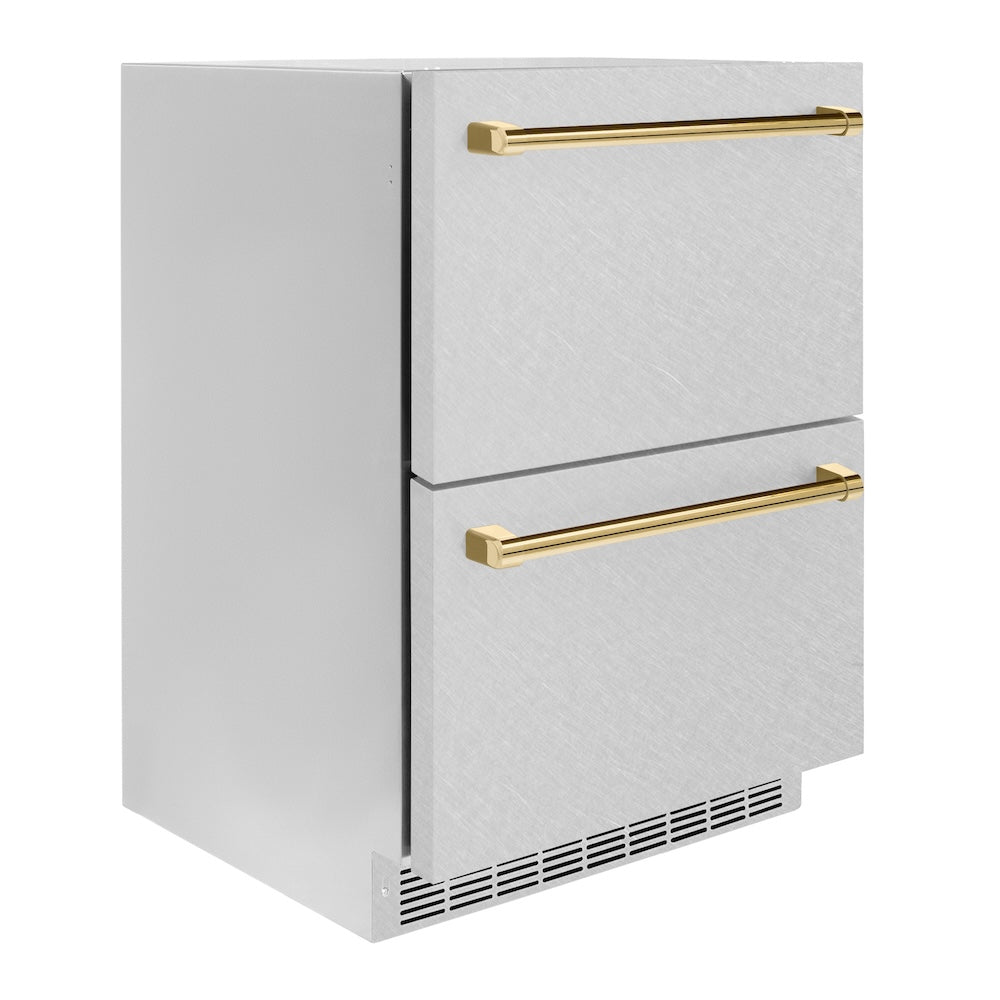 ZLINE Autograph Edition 24 in. Touchstone 168 Can Outdoor-Rated Dual Refrigerator Drawer with Satin Stainless Steel Doors and Polished Gold Handles (RDSOZ-SN-24-G)