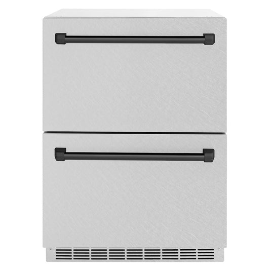 ZLINE Autograph Edition 24 in. Touchstone 168 Can Outdoor-Rated Dual Refrigerator Drawer with Satin Stainless Steel Doors and Matte Black Handles (RDSOZ-SN-24-MB)