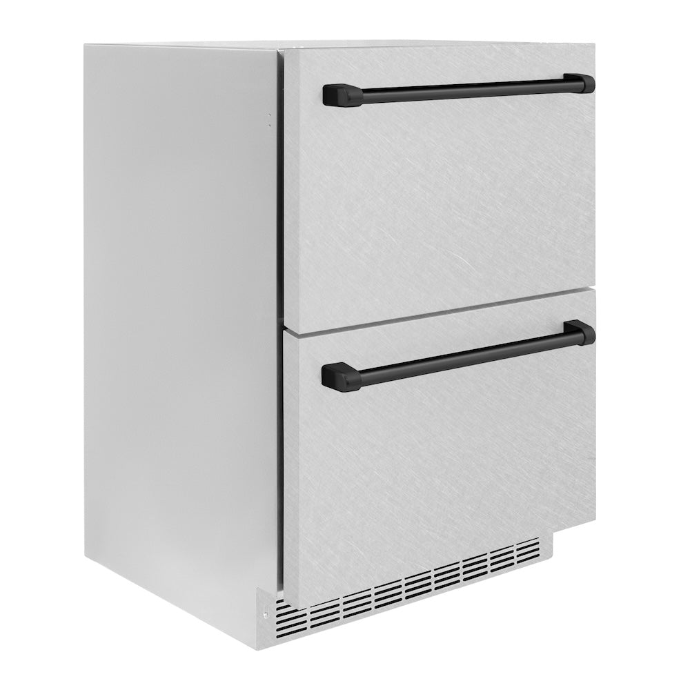 ZLINE Autograph Edition 24 in. Touchstone 168 Can Outdoor-Rated Dual Refrigerator Drawer with Satin Stainless Steel Doors and Matte Black Handles (RDSOZ-SN-24-MB)