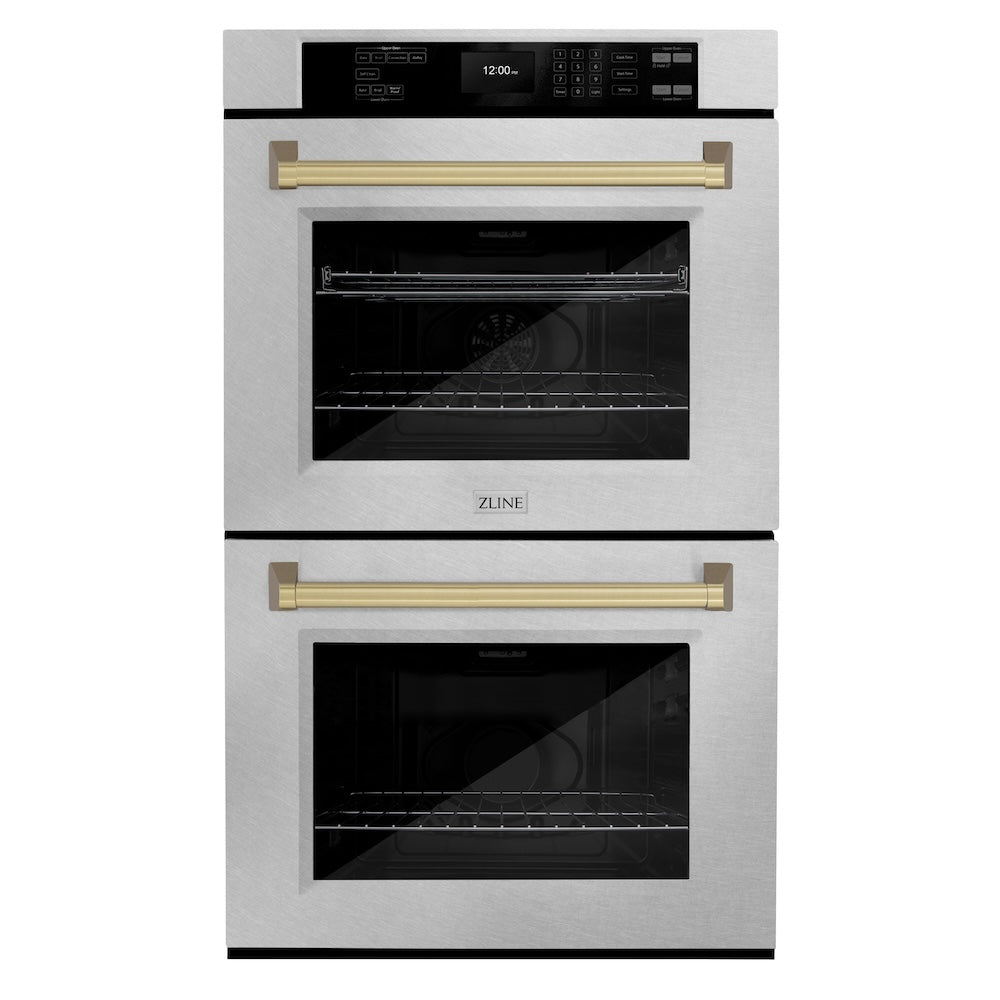 ZLINE Autograph Edition 30 in. Professional True Convection Double Wall Oven with Air Fry and Self Clean in Satin Stainless Steel with Champagne Bronze Handles (WADSZ-30-CB)