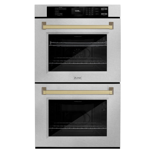 ZLINE Autograph Edition 30 in. Professional True Convection Double Wall Oven with Air Fry and Self Clean in Satin Stainless Steel with Champagne Bronze Handles (WADSZ-30-CB)