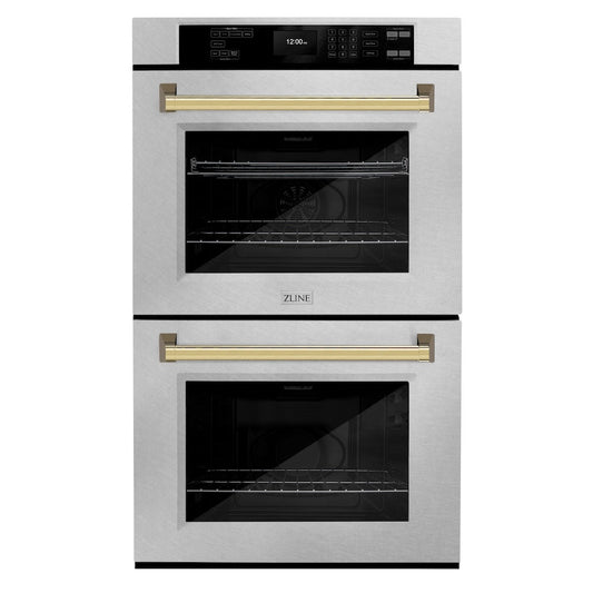 ZLINE Autograph Edition 30 in. Professional True Convection Double Wall Oven with Air Fry and Self Clean in Satin Stainless Steel with Polished Gold Handles (WADSZ-30-G)