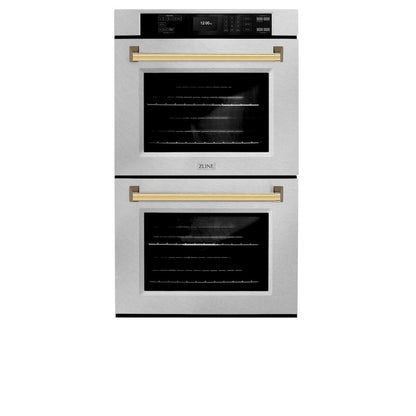 ZLINE Autograph Edition 30 in. Professional True Convection Double Wall Oven with Air Fry and Self Clean in Satin Stainless Steel with Polished Gold Handles (WADSZ-30-G)