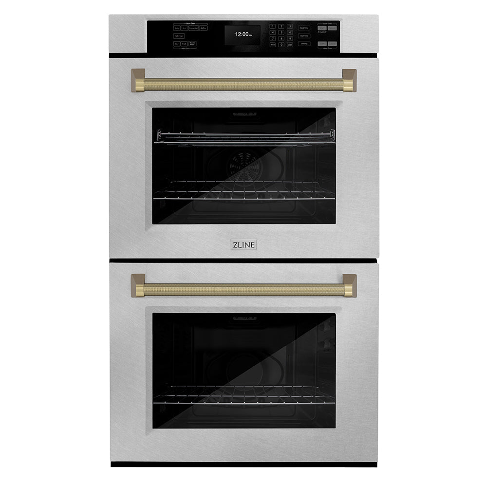 ZLINE Autograph Edition 30 in. Professional True Convection Double Wall Oven with Air Fry and Self Clean in Satin Stainless Steel with Champagne Bronze Helix Handles (WADSZ-30-KCB)