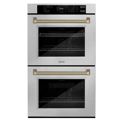 ZLINE Autograph Edition 30 in. Professional True Convection Double Wall Oven with Air Fry and Self Clean in Satin Stainless Steel with Champagne Bronze Helix Handles (WADSZ-30-KCB)