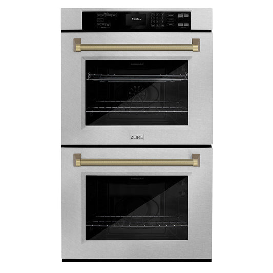 ZLINE Autograph Edition 30 in. Professional True Convection Double Wall Oven with Air Fry and Self Clean in Satin Stainless Steel with Champagne Bronze Helix Handles (WADSZ-30-KCB)