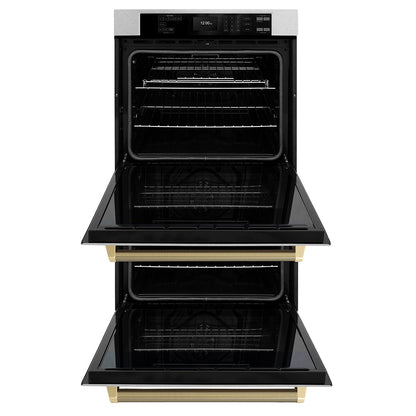 ZLINE Autograph Edition 30 in. Professional True Convection Double Wall Oven with Air Fry and Self Clean in Satin Stainless Steel with Champagne Bronze Helix Handles (WADSZ-30-KCB)