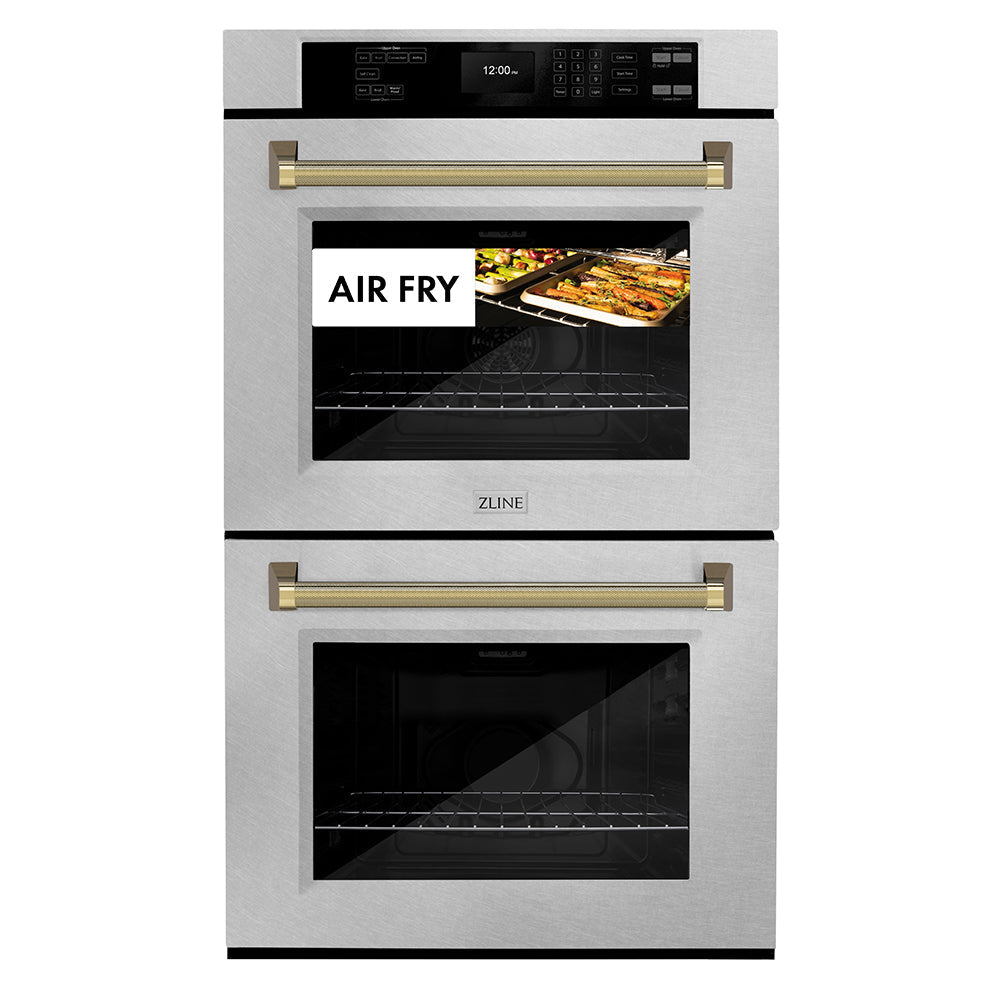 ZLINE Autograph Edition 30 in. Professional True Convection Double Wall Oven with Air Fry and Self Clean in Satin Stainless Steel with Polished Gold Helix Handles (WADSZ-30-KG)