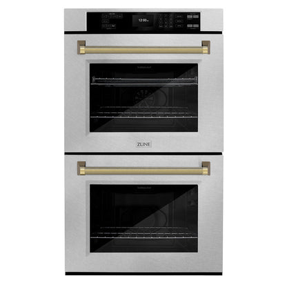 ZLINE Autograph Edition 30 in. Professional True Convection Double Wall Oven with Air Fry and Self Clean in Satin Stainless Steel with Polished Gold Helix Handles (WADSZ-30-KG)