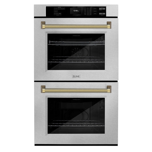 ZLINE Autograph Edition 30 in. Professional True Convection Double Wall Oven with Air Fry and Self Clean in Satin Stainless Steel with Polished Gold Helix Handles (WADSZ-30-KG)