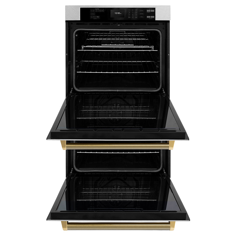 ZLINE Autograph Edition 30 in. Professional True Convection Double Wall Oven with Air Fry and Self Clean in Satin Stainless Steel with Polished Gold Helix Handles (WADSZ-30-KG)