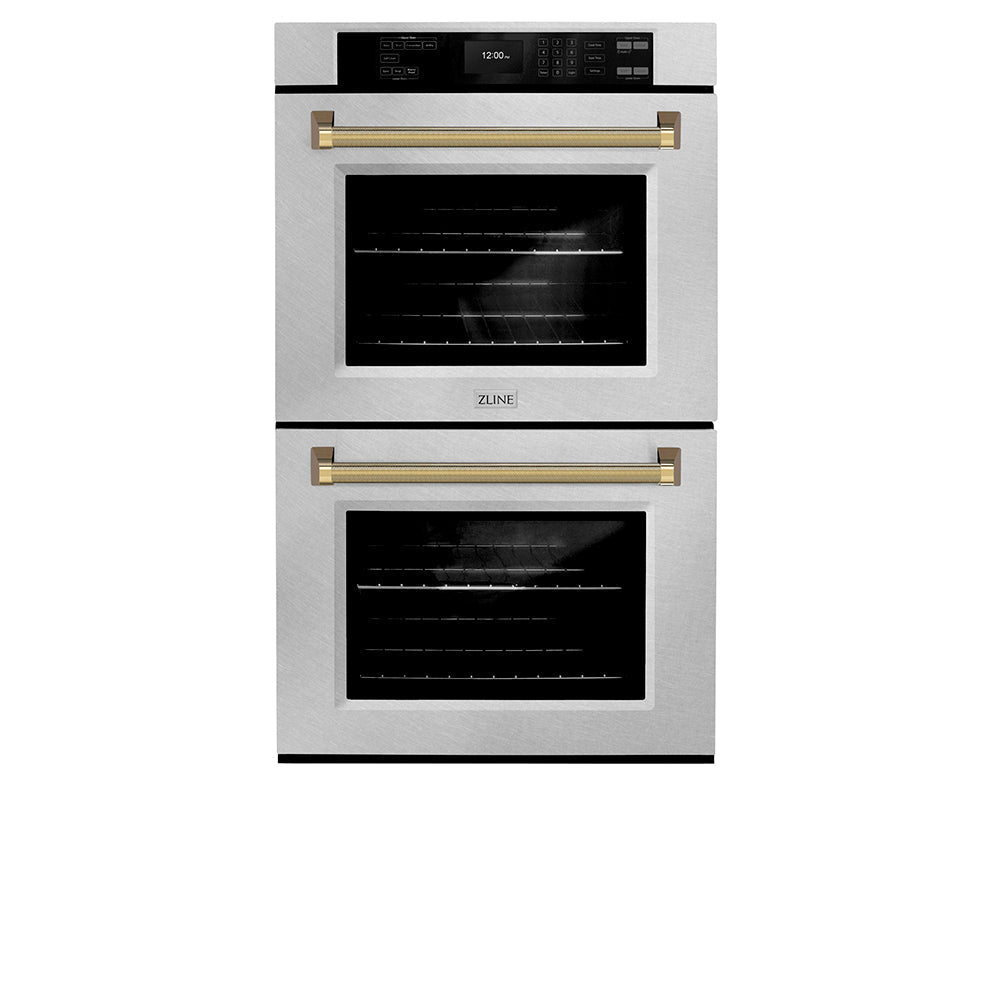 ZLINE Autograph Edition 30 in. Professional True Convection Double Wall Oven with Air Fry and Self Clean in Satin Stainless Steel with Polished Gold Helix Handles (WADSZ-30-KG)