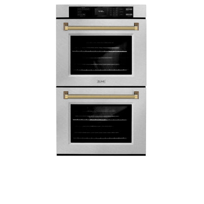 ZLINE Autograph Edition 30 in. Professional True Convection Double Wall Oven with Air Fry and Self Clean in Satin Stainless Steel with Polished Gold Helix Handles (WADSZ-30-KG)