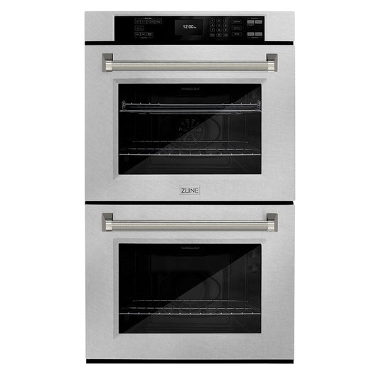 ZLINE Autograph Edition 30 in. Professional True Convection Double Wall Oven with Air Fry and Self Clean in Satin Stainless Steel with Polished Nickel Helix Handles (WADSZ-30-KPN)