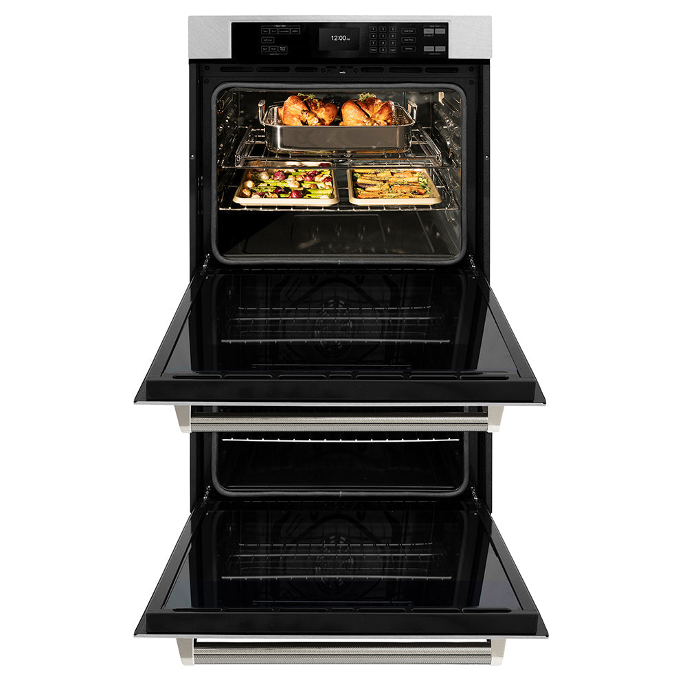 ZLINE Autograph Edition 30 in. Professional True Convection Double Wall Oven with Air Fry and Self Clean in Satin Stainless Steel with Polished Nickel Helix Handles (WADSZ-30-KPN)
