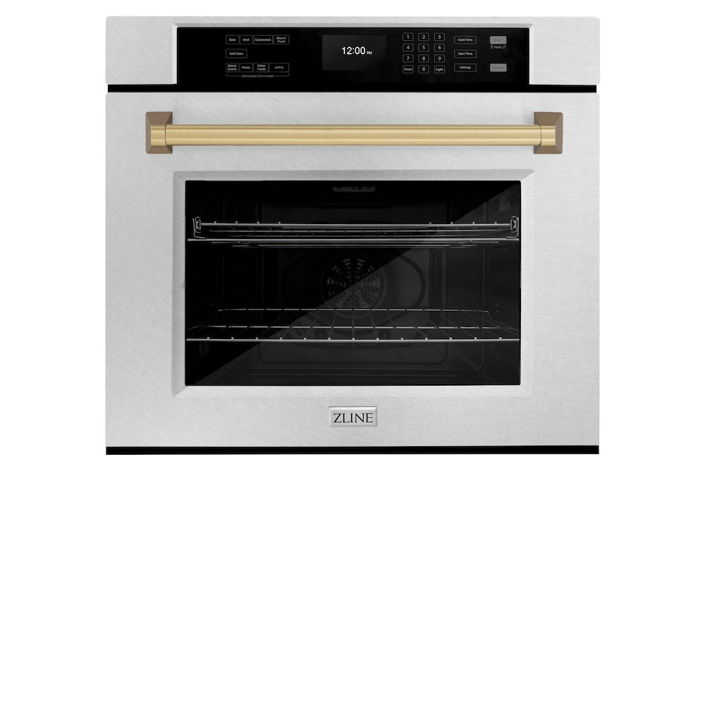ZLINE Autograph Edition 30 in. Professional True Convection Single Wall Oven with Air Fry and Self Clean in Satin Stainless Steel with Champagne Bronze Handle (WASSZ-30-CB)