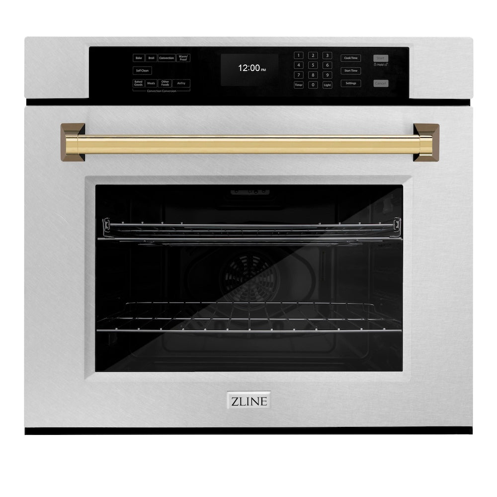 ZLINE Autograph Edition 30 in. Professional True Convection Single Wall Oven with Air Fry and Self Clean in Satin Stainless Steel with Polished Gold Handle (WASSZ-30-G)