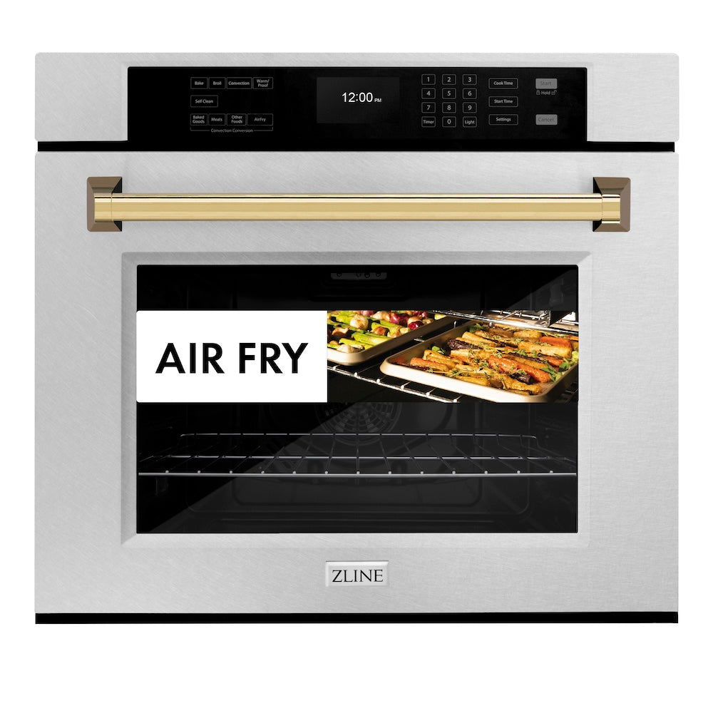 ZLINE Autograph Edition 30 in. Professional True Convection Single Wall Oven with Air Fry and Self Clean in Satin Stainless Steel with Polished Gold Handle (WASSZ-30-G)