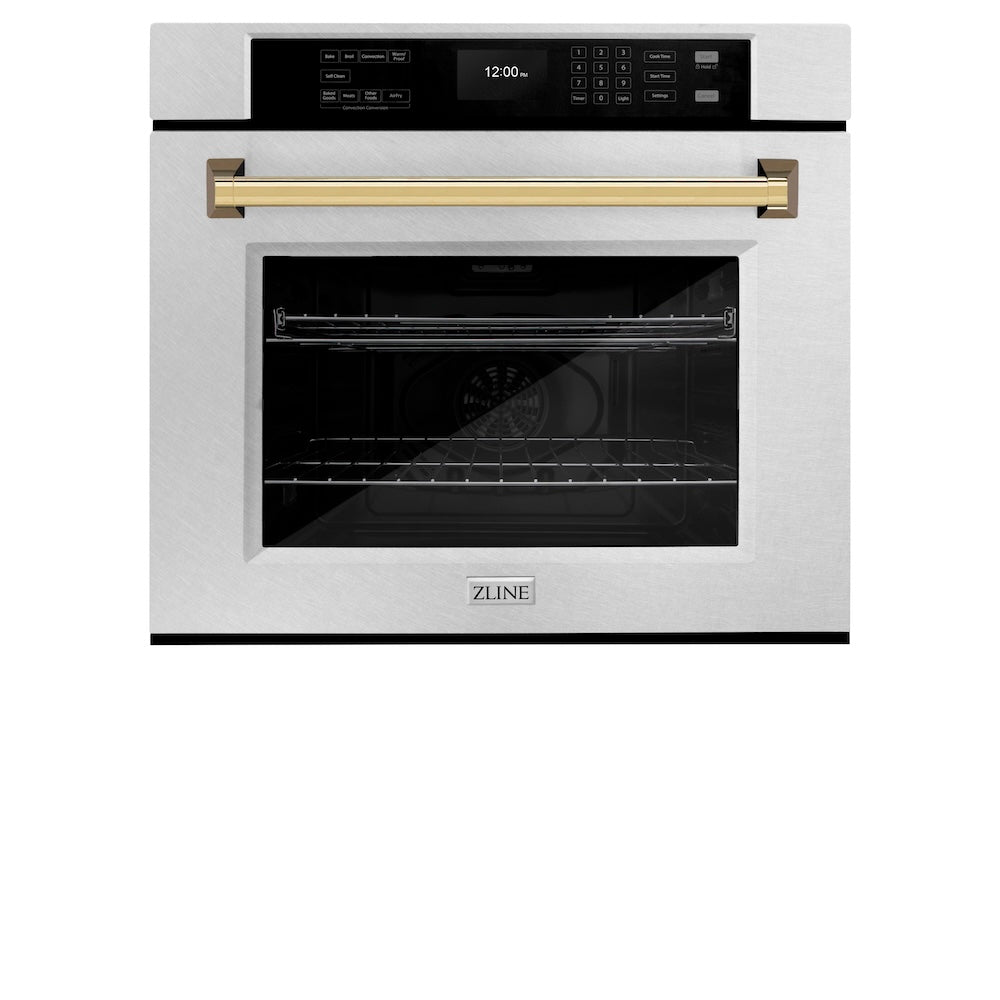 ZLINE Autograph Edition 30 in. Professional True Convection Single Wall Oven with Air Fry and Self Clean in Satin Stainless Steel with Polished Gold Handle (WASSZ-30-G)