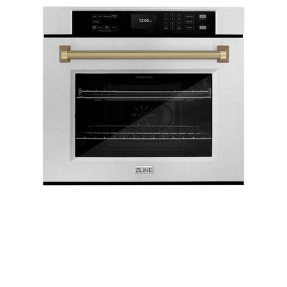 ZLINE Autograph Edition 30 in. Professional True Convection Single Wall Oven with Air Fry and Self Clean in Satin Stainless Steel with Champagne Bronze Helix Handle (WASSZ-30-KCB)
