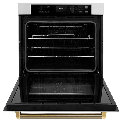 ZLINE Autograph Edition 30 in. Professional True Convection Single Wall Oven with Air Fry and Self Clean in Satin Stainless Steel with Polished Gold Helix Handle (WASSZ-30-KG)