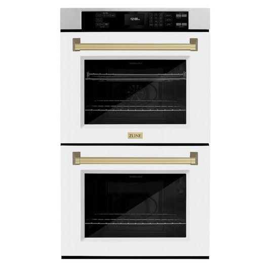 ZLINE Autograph Edition 30 in. Professional True Convection Double Wall Oven with Air Fry and Self Clean in Satin Stainless Steel with White Matte Doors and Champagne Bronze Handles (WADSZ-WM-30-CB)