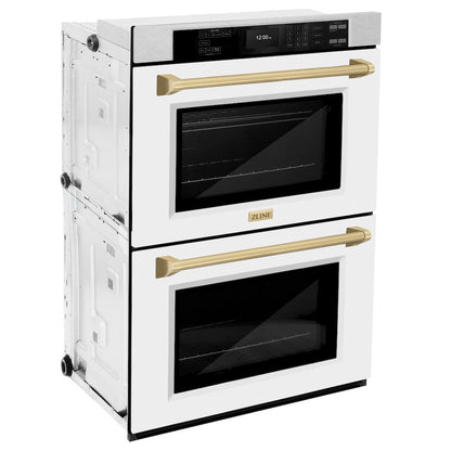 ZLINE Autograph Edition 30 in. Professional True Convection Double Wall Oven with Air Fry and Self Clean in Satin Stainless Steel with White Matte Doors and Champagne Bronze Handles (WADSZ-WM-30-CB)