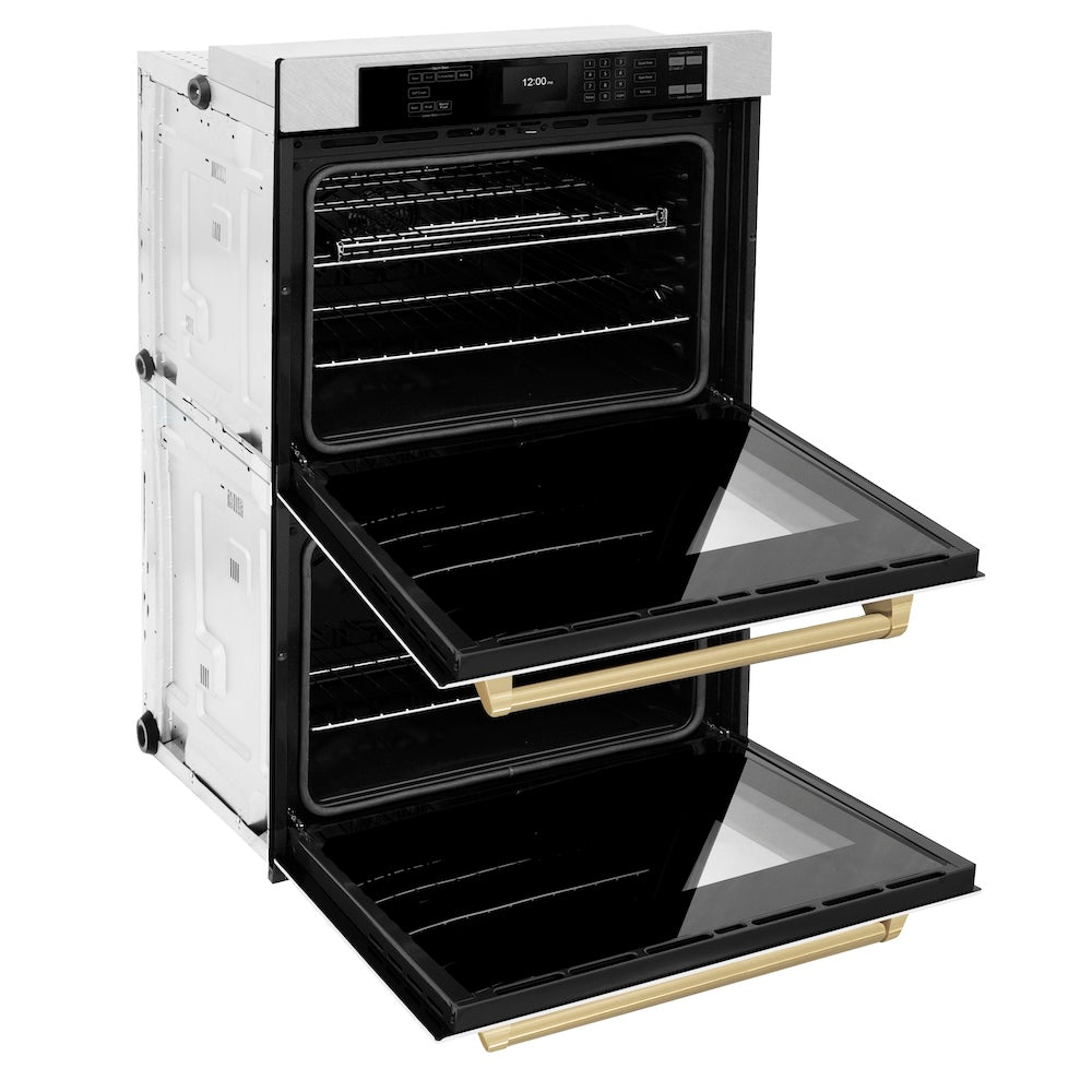 ZLINE Autograph Edition 30 in. Professional True Convection Double Wall Oven with Air Fry and Self Clean in Satin Stainless Steel with White Matte Doors and Champagne Bronze Handles (WADSZ-WM-30-CB)