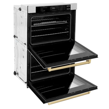 ZLINE Autograph Edition 30 in. Professional True Convection Double Wall Oven with Air Fry and Self Clean in Satin Stainless Steel with White Matte Doors and Champagne Bronze Handles (WADSZ-WM-30-CB)