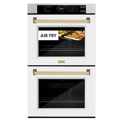 ZLINE Autograph Edition 30 in. Professional True Convection Double Wall Oven with Air Fry and Self Clean in Satin Stainless Steel with White Matte Doors and Polished Gold Handles (WADSZ-WM-30-G)
