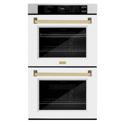 ZLINE Autograph Edition 30 in. Professional True Convection Double Wall Oven with Air Fry and Self Clean in Satin Stainless Steel with White Matte Doors and Polished Gold Handles (WADSZ-WM-30-G)