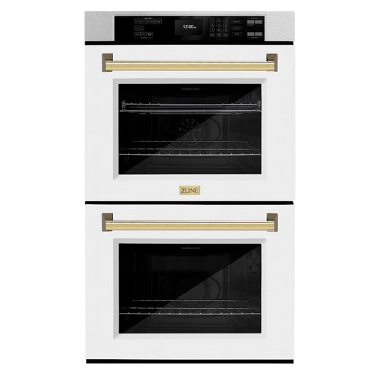 ZLINE Autograph Edition 30 in. Professional True Convection Double Wall Oven with Air Fry and Self Clean in Satin Stainless Steel with White Matte Doors and Polished Gold Handles (WADSZ-WM-30-G)