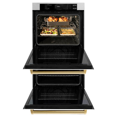 ZLINE Autograph Edition 30 in. Professional True Convection Double Wall Oven with Air Fry and Self Clean in Satin Stainless Steel with White Matte Doors and Polished Gold Handles (WADSZ-WM-30-G)