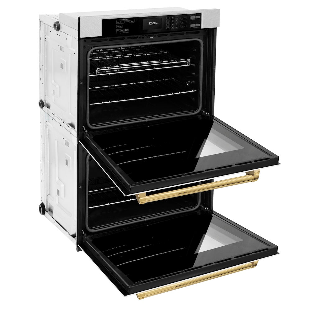 ZLINE Autograph Edition 30 in. Professional True Convection Double Wall Oven with Air Fry and Self Clean in Satin Stainless Steel with White Matte Doors and Polished Gold Handles (WADSZ-WM-30-G)