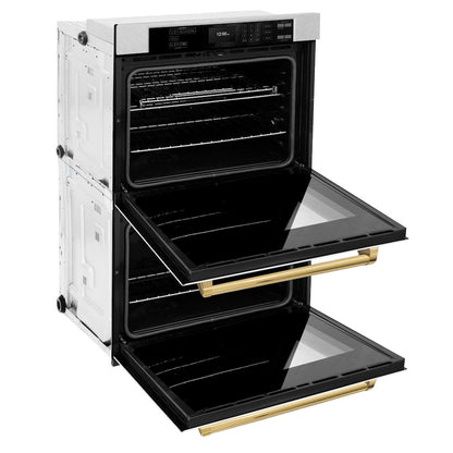 ZLINE Autograph Edition 30 in. Professional True Convection Double Wall Oven with Air Fry and Self Clean in Satin Stainless Steel with White Matte Doors and Polished Gold Handles (WADSZ-WM-30-G)