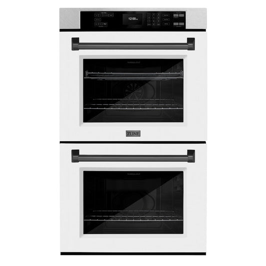 ZLINE Autograph Edition 30 in. Professional True Convection Double Wall Oven with Air Fry and Self Clean in Satin Stainless Steel with White Matte Doors and Matte Black Handles (WADSZ-WM-30-MB)