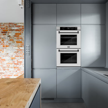 ZLINE Autograph Edition 30 in. Professional True Convection Double Wall Oven with Air Fry and Self Clean in Satin Stainless Steel with White Matte Doors and Matte Black Handles (WADSZ-WM-30-MB)