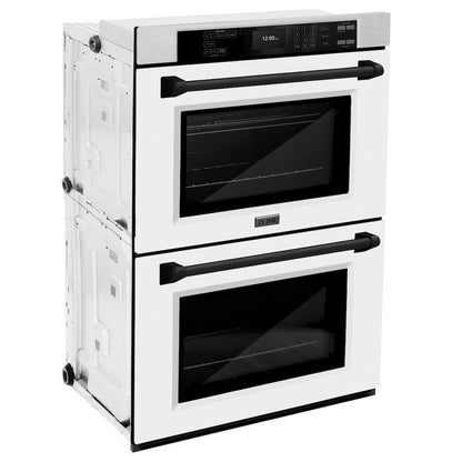 ZLINE Autograph Edition 30 in. Professional True Convection Double Wall Oven with Air Fry and Self Clean in Satin Stainless Steel with White Matte Doors and Matte Black Handles (WADSZ-WM-30-MB)