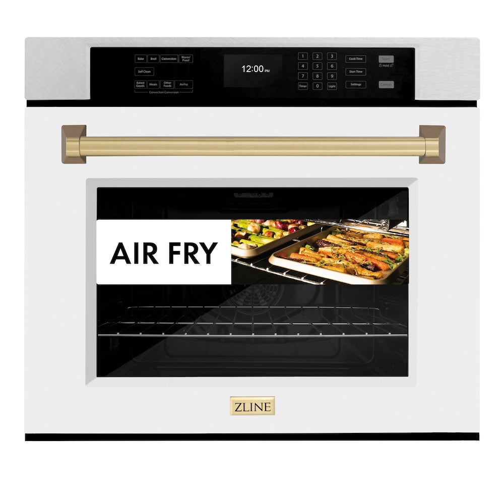 ZLINE Autograph Edition 30 in. Professional True Convection Single Wall Oven with Air Fry and Self Clean in Satin Stainless Steel with White Matte Door and Champagne Bronze Handle (WASSZ-WM-30-CB)