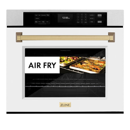 ZLINE Autograph Edition 30 in. Professional True Convection Single Wall Oven with Air Fry and Self Clean in Satin Stainless Steel with White Matte Door and Champagne Bronze Handle (WASSZ-WM-30-CB)