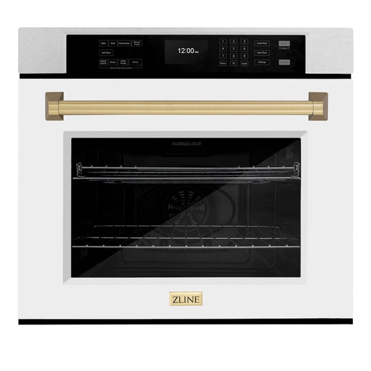 ZLINE Autograph Edition 30 in. Professional True Convection Single Wall Oven with Air Fry and Self Clean in Satin Stainless Steel with White Matte Door and Champagne Bronze Handle (WASSZ-WM-30-CB)