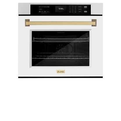 ZLINE Autograph Edition 30 in. Professional True Convection Single Wall Oven with Air Fry and Self Clean in Satin Stainless Steel with White Matte Door and Champagne Bronze Handle (WASSZ-WM-30-CB)