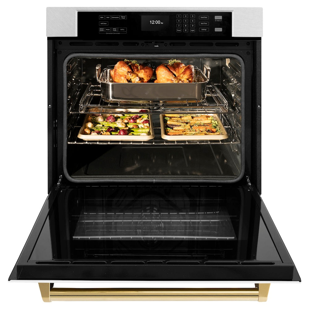 ZLINE Autograph Edition 30 in. Professional True Convection Single Wall Oven with Air Fry and Self Clean in Satin Stainless Steel with White Matte Door and Polished Gold Handle (WASSZ-WM-30-G)