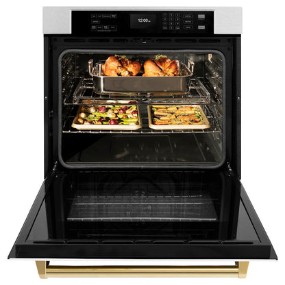 ZLINE Autograph Edition 30 in. Professional True Convection Single Wall Oven with Air Fry and Self Clean in Satin Stainless Steel with White Matte Door and Polished Gold Handle (WASSZ-WM-30-G)