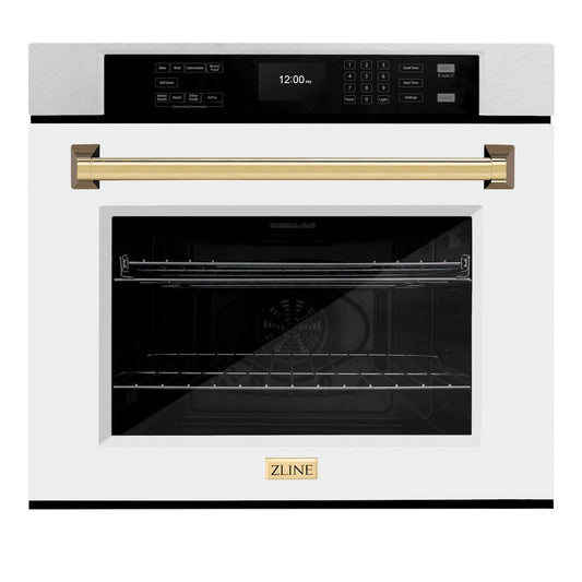 ZLINE Autograph Edition 30 in. Professional True Convection Single Wall Oven with Air Fry and Self Clean in Satin Stainless Steel with White Matte Door and Polished Gold Handle (WASSZ-WM-30-G)