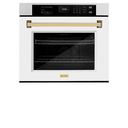 ZLINE Autograph Edition 30 in. Professional True Convection Single Wall Oven with Air Fry and Self Clean in Satin Stainless Steel with White Matte Door and Polished Gold Handle (WASSZ-WM-30-G)