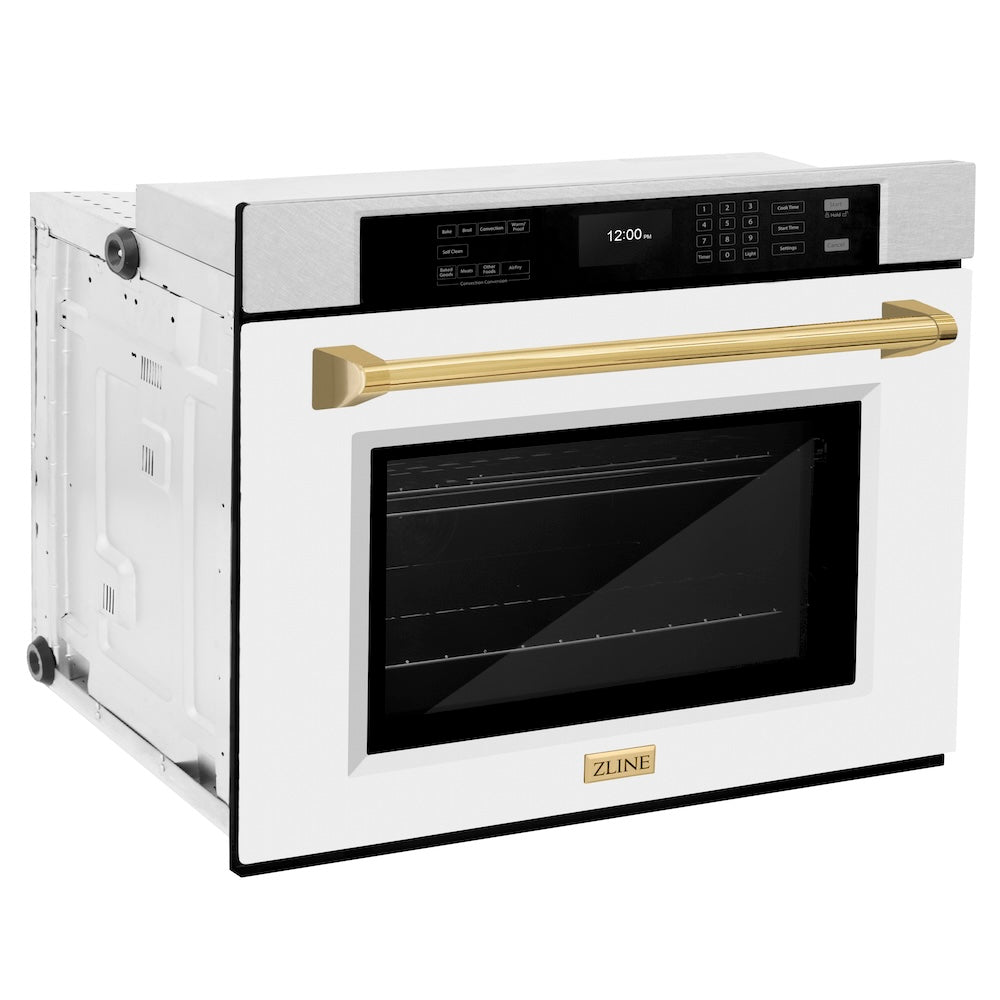 ZLINE Autograph Edition 30 in. Professional True Convection Single Wall Oven with Air Fry and Self Clean in Satin Stainless Steel with White Matte Door and Polished Gold Handle (WASSZ-WM-30-G)