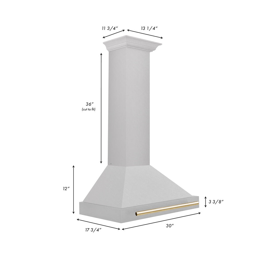 ZLINE Autograph Edition 30 in. Convertible Satin Stainless Steel Wall Mount Range Hood with Polished Gold Handle (KB4SNZ-30-G)