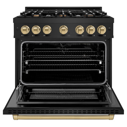 ZLINE Autograph Edition 36 in. 5.2 cu. ft. Select Dual Fuel Range with 6 Burner Gas Cooktop and Electric Convection Oven in Black Stainless Steel with Champagne Bronze Accents (HDRBZ-36-CB)